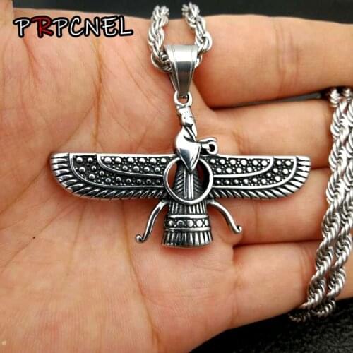Persian Iran Farvahar Zoroastrian Wing stainless steel Pendant Necklace for Men Vintage Persia Faravahar Pahlavi Male Jewelry