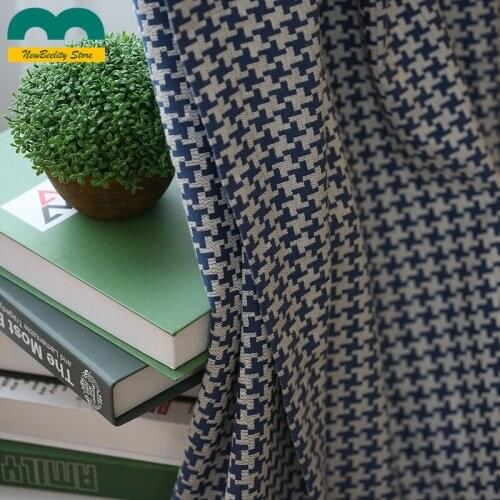 Simple Jacquard Curtains for Living Dining Room Bedroom Blue American Nordic Modern Retro Houndstooth Window Blackout Drapes