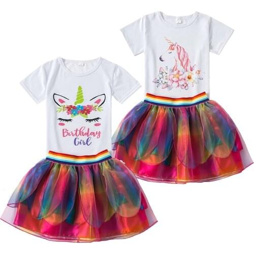 Unicorn Cartoon Shirt Rainbow Skirt Clothing Set for Girl Mom Family Suits Birthday Party Gift