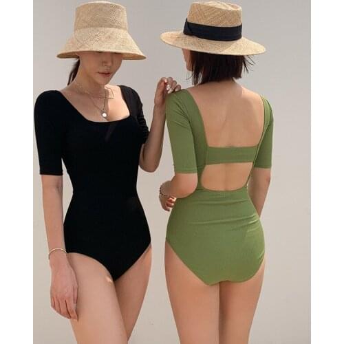 Sexy Short Sleeve One Piece Swimsuit Women Solid Swimwear Open Back Monokini Cut Out Swim Suit Korea Bathing Suit Push Up Pad