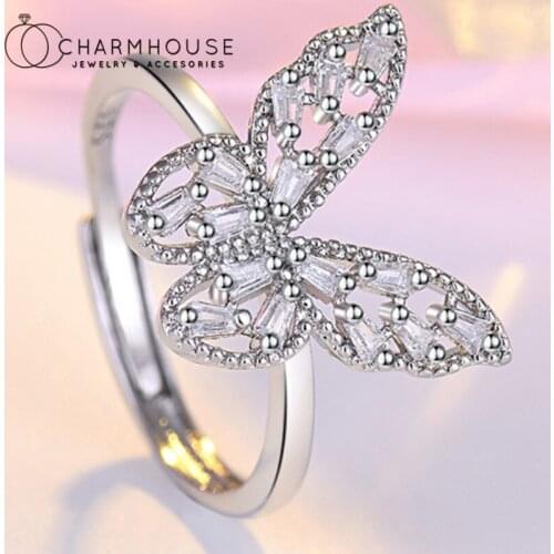 Silver/Rose Gold GP Finger Rings For Women Crystal Butterfly Open Ring Adjustable Bague Femme Anillos Mujer Wedding Jewelry Gift