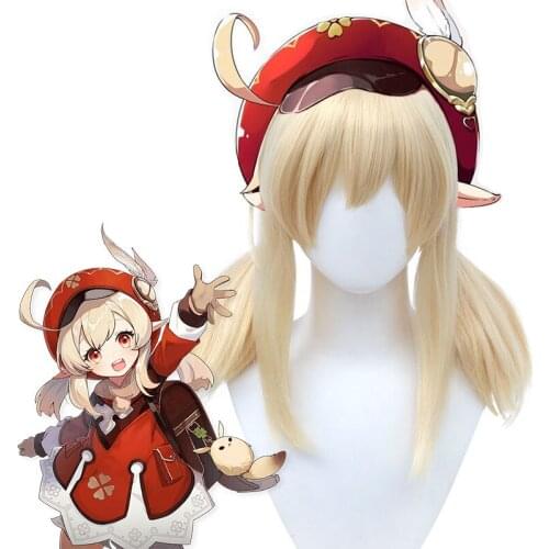 Synthetic Short Wig with Bangs Klee Cosplay Genshin Impact Twin Ponytail Wig for women Party Blonde Hair Extension MUMUPI