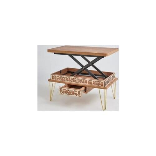 Modern lux Melek-1 Lux Gold Metal Pedestal Drawer Smart Coffee Table, Desk, Dining table, pine Gold coffe table