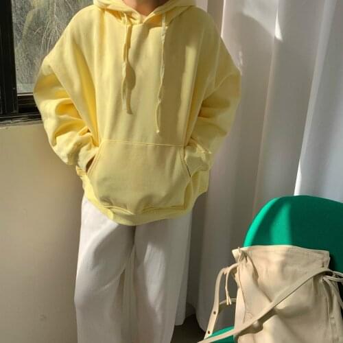 Loose Casual Long Sleeve Pocket Drawstring Hooded Plush Velvet Pullover Sweatshirt Solid Yellow Simple Hoodies Women