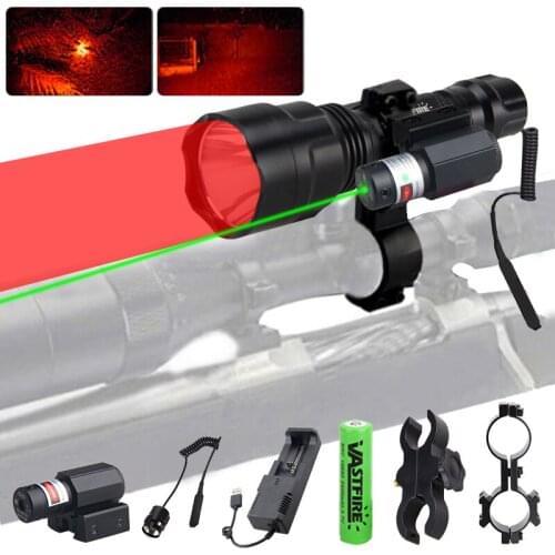 C8 XM-L Tactical Hunting Flashlight Armas Torch Rifle Scout Light+Laser Dot Sight+Switch+2*20mm Rail Barrel Mount+18650+Charger