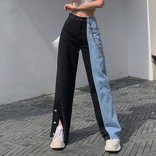 2021 New Fashion Wide Leg Denim Pants Women Loose Casual Hip Hop Streetwear Color Block Patchwork Women Trousers