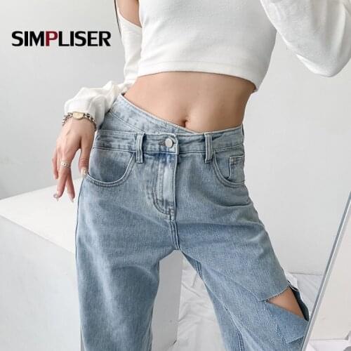 High Street Jeans Pants For Women 2021 Female Loose Long Denim Blue Trousers Hole Ripped Boyfriend Style Femme Jeans Mujer