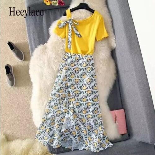 Plus Size Womens Skirt Suit 2021 Summer New Fashion Flower High-waisted Loose Skirts Two Piece Girl Sweet Bow Light Dress Set