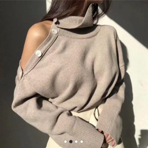 New 2021 Spring Elegant Women Sweaters Sexy Strapless Turtleneck Loose Knitted Pullovers Female Casual Solid Tops Outwear