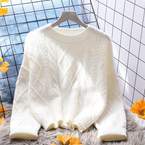 White Twisted Knitting Women Sweater Pullovers O-Neck Flare Sleeved Loose Lady Elegant Pulls Outwear Tops