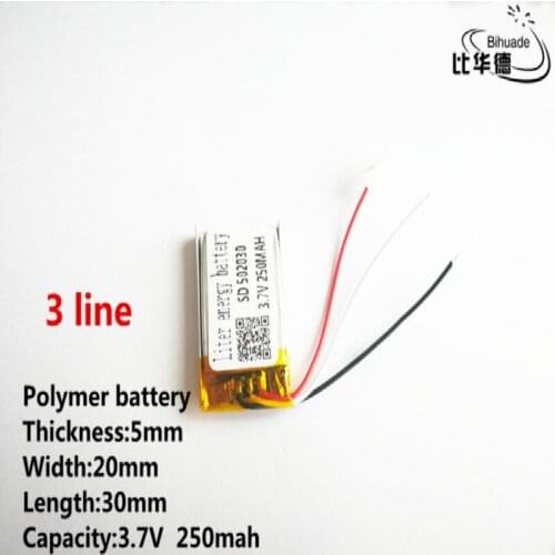 10pcs/lot 3 line Good Qulity 3.7V,250mAH,502030 Polymer lithium ion / Li-ion battery for TOY,POWER BANK,GPS,mp3,mp4