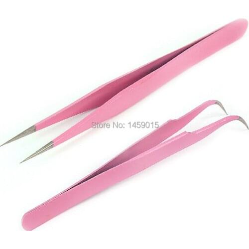 2 Pcs ESD Nonmagnetic Stainless Steel Hyperfine High Precision Tweezers Eyelash Extension Makeup Kit Curved & Straight Pink