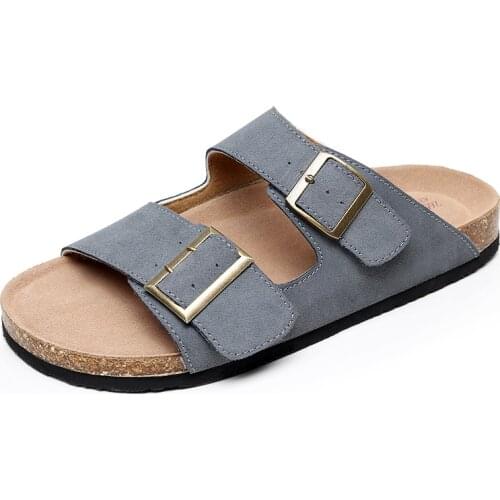 2021 New Mens Leather Mule Clogs Slippers High Quality Soft Cork Two Buckle Slides Footwear For Men Plus size 40-46