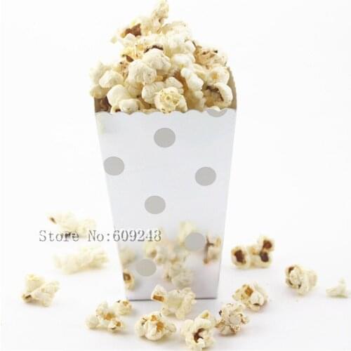 24pcs Silver Foil Paper Popcorn Boxes,Metallic Polka Dot Party Favor Box,Candy Snack Treat,Baby Shower,Wedding,Pop Corn Cartons