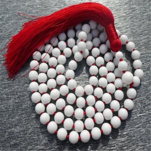 6mm White Jade Knotted Tassel 108 Bead Mala Necklace Bless Yoga Pray Meditation Chic Wrist Chakra Elegant Bracelet