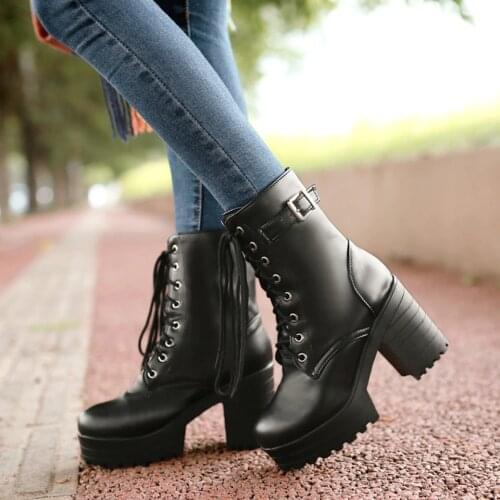 White Lace Up Ankle Boots For Women 2020 Round Toe Chunky High Heels Platform Boots Leather Winter Black Goth Motorcycle Botas