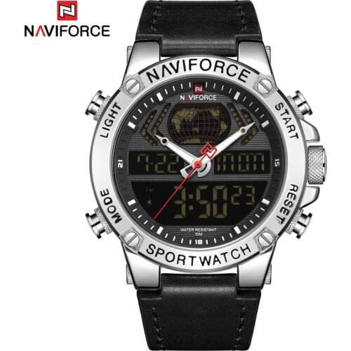 NAVIFORCE Luxury Genuine Leather Watch Fashion Dual Time Zone Design Watches Men Waterproof Military Digital Quartz Wristwatch