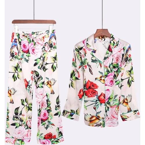 Flowers 19MM Mulberry 100% Silk Pajamas For Women Suit PJ Gift Long Sleeve Printed Floral Two-piece Home Service Sleepwear