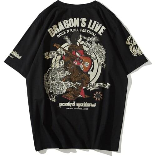 Japanese Rock Dragon Tattoo T-shirt Couples Men Women Cotton Short Sleeve Loose Tops Tees Shirt Guitar Motorcycle Biker T Shirts
