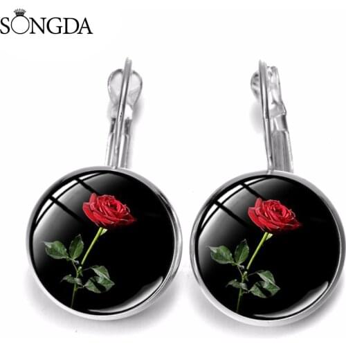 Glamour Classic Red Rose Earrings Transparent Art Photo Glass Cabochon Earrings for Women Wedding Valentines Day Jewelry