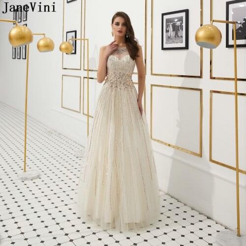JaneVini Luxury Crystal Long Prom Dresses 2019 Sleeveless Sparkle Heavy Beading Dubai A Line Prom Gowns for Women Vestidos Gala