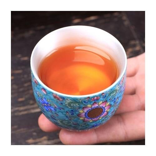 Jingdezhen Ceramic Enamel Color Teacup Sterling Silver 999 Genuine Kungfu Liner Silver Household Single Cup Black Tea Teaware