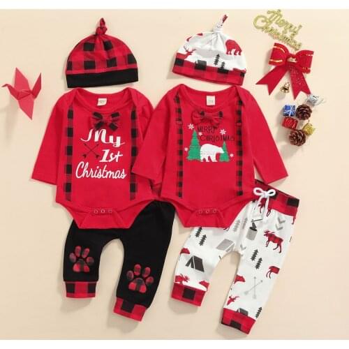 Newborn Baby Boys Christmas Clothes Set Cotton Letter Print Romper Top Long Pants Hats Spring Autumn Baby Xmas Outfit