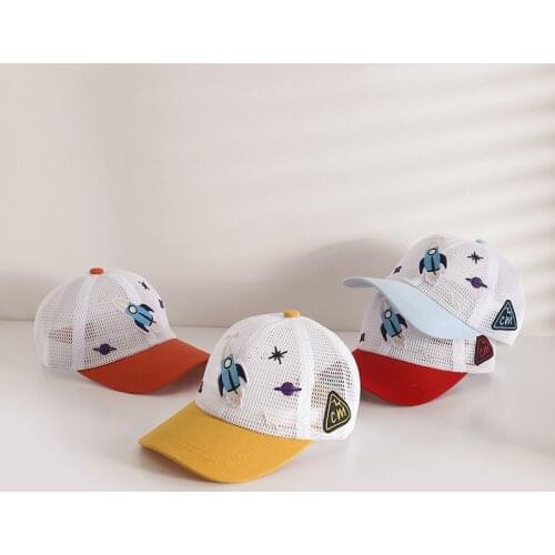 Summer Kids Hat Cartoon Cloth Paste Color Boys Girls Baseball Cap Cute Rocket Outdoor Sun Shade Sunscreen Beach Baby Net Caps