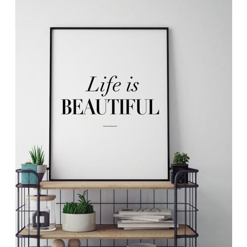 Life Is Beautiful Black White Letter Minimalist Canvas Painting Wall Art Hd Print Poster For Living Room Home Decoration