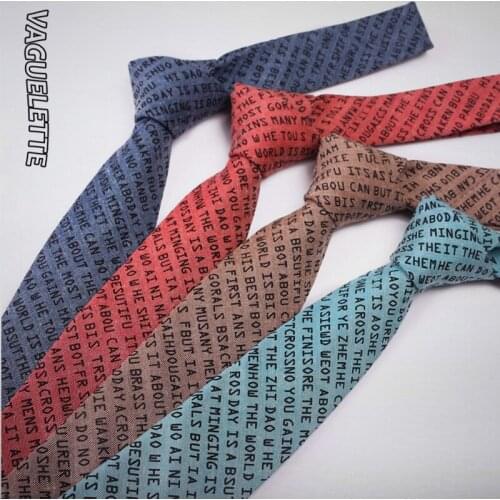 VAGUELETTE Fashion Novelty Letters Printed Skinny Cotton Ties Handmade Knitted Ties For Men Blue/Red/White Neck Tie 7 CM