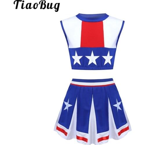 Fashion Cheerleader Costume for Girls Kids Blue Jazz Dance Performance Costumes Sleeveless Tops A-line Skirt Sets Cosplay Outfit