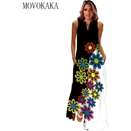 MOVOKAKA Summer Beach Dress 2021 Casual Plus Size Black White Floral Print Long Dresses Woman Sleeveless Girls Maxi Dress Women