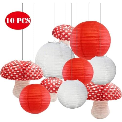10 pcs Red White Paper Lantern Mushroom Paper lantern Set for for Fairy Party Wonderland Theme Baby Shower Birthday Decoration