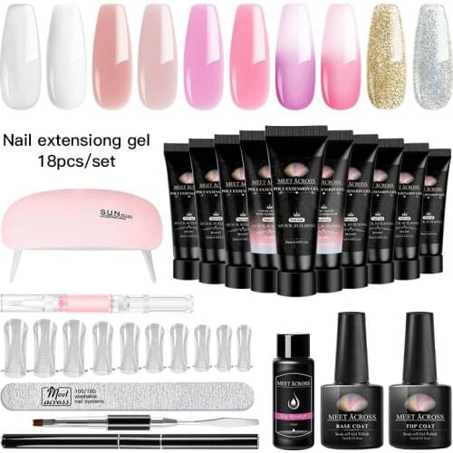 MEET ACROSS 12PCS/SET Poly Extention Nail Gel Set Nail Art French Nail Art Clear Camouflage Color Nail Tip Form Crystal UV Gel