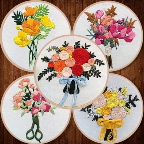 Embroidery Set Bouquet Flowers Plants Printed Fabric Needlework Tools Beginner Embroidered Round Cross Stitch Sewing Craft Kit
