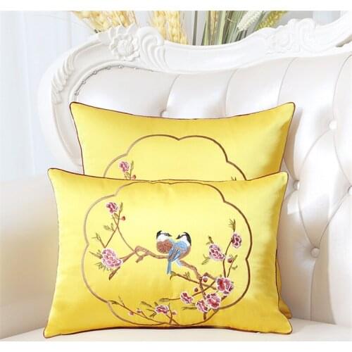 Soft Cushion Cover Birds Flowers Embroidery Throw Pillowcase Chinese Style Office Living Room Decoration Yellow Red Pillow Cover