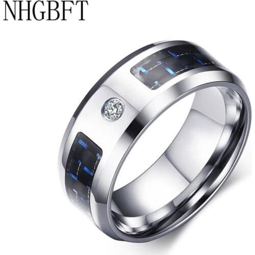 NHGBFT Blue Black Carbon Fiber Zircon Ring for Mens Stainless Steel CZ Stone Ring Wedding Jewelry