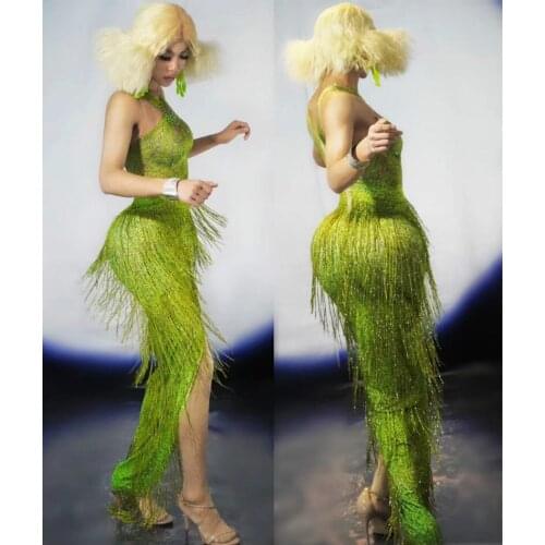 Nightclub Stage Singer Dancer Costume Fashion Fringes Summer Sleeveless Long Dress Women Evening Prom Party Tassel Skinny Dress
