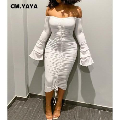CM.YAYA Autumn Winter Vestidos Women Off Shoulder Flare Sleeve Ruched Midi Dress Bandage Bodycon Night Club Sexy Stacked Dresses
