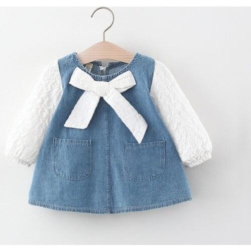 2021 Autumn Girl Neckline Bow Denim Dress