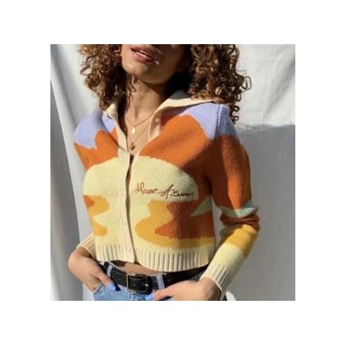 Autumn Women Sweater Cardigan Patchwork Long Sleeve Knitted Lapel Sweater Top Button Down Ladies Short Sweater Jacket Coat