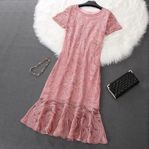 Embroidery Gauze Zipper A-Line Short Sleeve O-Neck Plue Size Deep Blue Pink Purple Summer Fishtail Party Cocktail Dresses