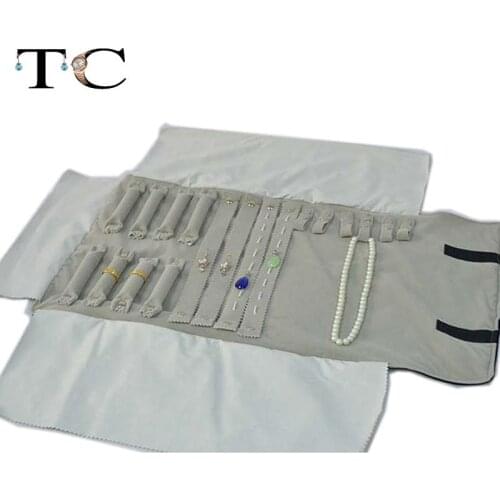 Portable Gray Velvet Jewelry Display Set Travel Roll Bag Earring Ring Pendants Necklace Bracelet Chain Storage Organizer Holder