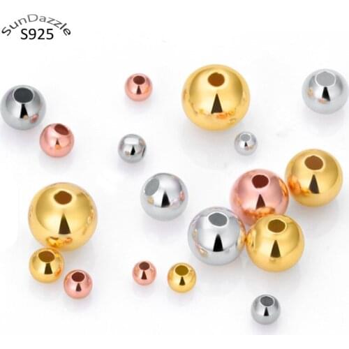 Real Pure Solid 925 Sterling Silver Beads Spacers 18K Rose Gold Round Smooth Loose Bead DIY Jewelry Findings Accessories