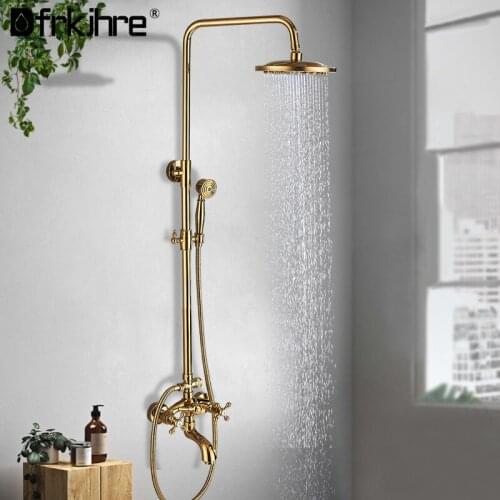 Bathroom Wall Mount Rainfall Gold Shower Faucets Set Shower System Swivel Tub Spout Bath Hot Cold Water Shower Mixer Faucet