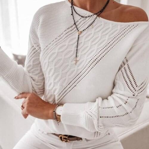 Sweaters for Women Fashion New Casual Purple Oblique Shoulder Twill Hollow Out Sexy Womens Knitted Sweater Winter Clothes Women