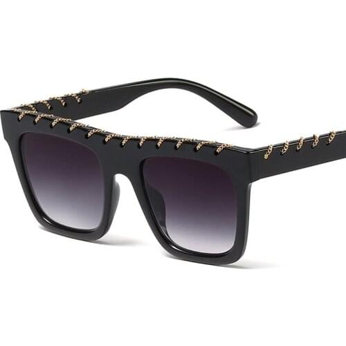 Veshion Women Metal Chain Square Sunglasses New Luxury Brand Unique Sun Glasses Big Frame Retro Eyewear UV400