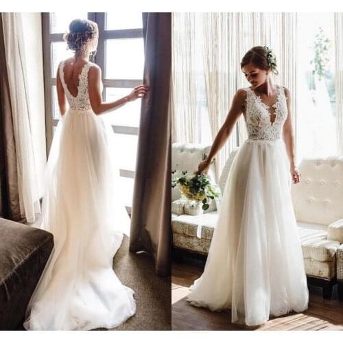 Vestido De Noiva CountryMYYBLE Wedding Dress 2021 V Neck Backless Sweep Train Appliques Garden Beach Boho Bridal Gowns Cheap