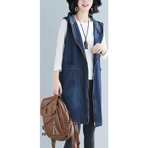 2021 Plus Size Denim Jacket Sleeveless Vest Coat Spring and Autumn Large Size Loose Waistcoat for Women Long Hooded Outerwear