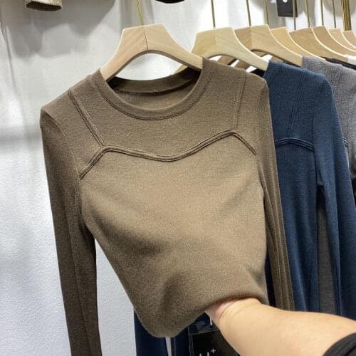 2021 Spring Autumn Womens Solid Color Stitching Fake Two Long-sleeved T-shirt Color Matching Wild Casual T-shirt Top Y221